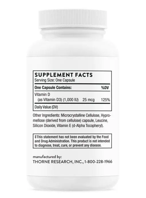 Thorne D-1,000 (90 Capsules) - Vitamin D3 1000 IU supplement for daily immune and bone support.
