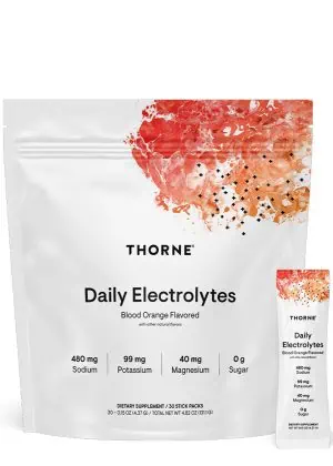 Thorne Daily Electrolytes Blood Orange - Sugar-free electrolyte powder for hydration and muscle recovery.