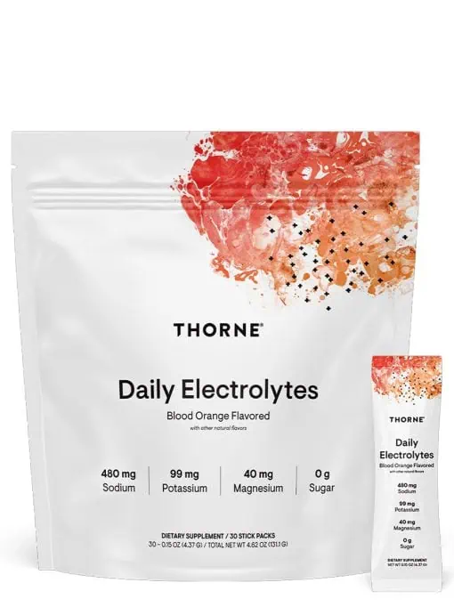 Thorne Daily Electrolytes Blood Orange - Sugar-free electrolyte powder for hydration and muscle recovery.