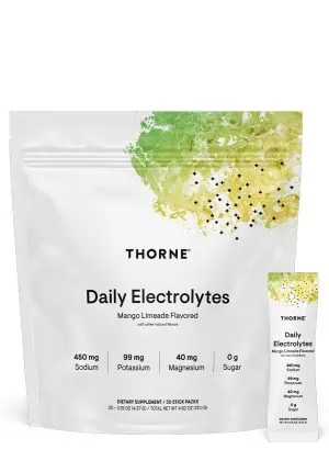 Thorne Daily Electrolytes - Sugar-free mango limeade electrolyte powder for hydration and muscle recovery.