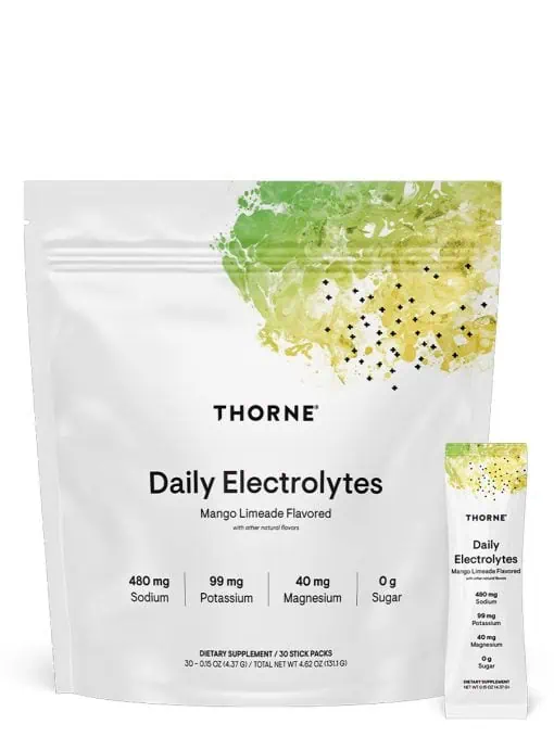 Thorne Daily Electrolytes - Sugar-free mango limeade electrolyte powder for hydration and muscle recovery.