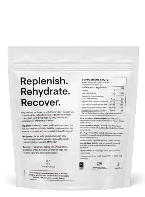 Thorne Daily Electrolytes (30 Stick Variety Pack) - sugar-free electrolyte powder for hydration and muscle recovery.