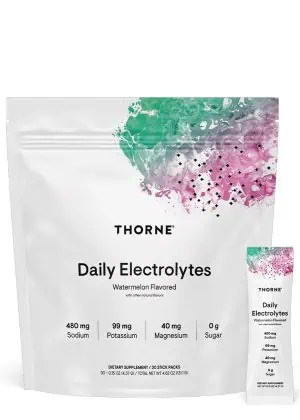 Thorne Daily Electrolytes Watermelon - Sugar-free electrolyte powder for hydration and muscle recovery.