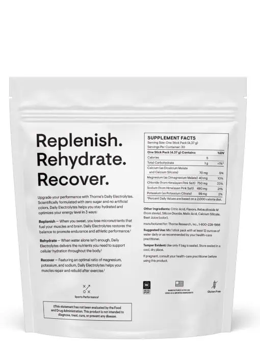 Thorne Daily Electrolytes Watermelon - Sugar-free electrolyte powder for hydration and muscle recovery.