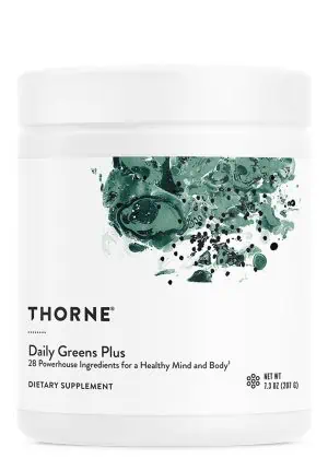 Thorne Daily Greens Plus - A comprehensive greens powder with adaptogens, mushrooms, and antioxidants.