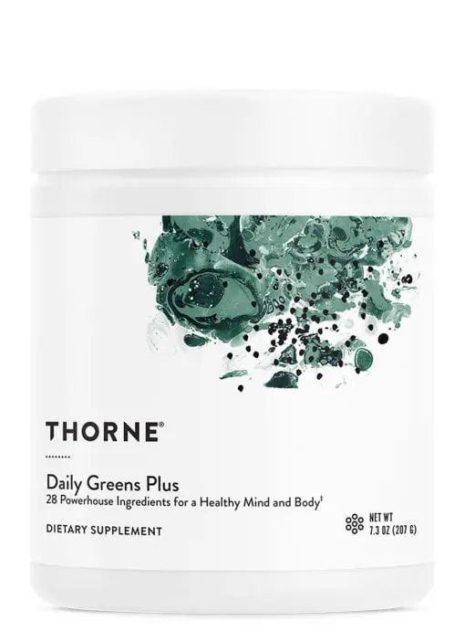 Thorne Daily Greens Plus - A comprehensive greens powder with adaptogens, mushrooms, and antioxidants.