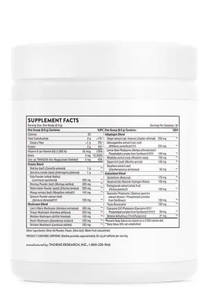 Thorne Daily Greens Plus - A comprehensive greens powder with adaptogens, mushrooms, and antioxidants.