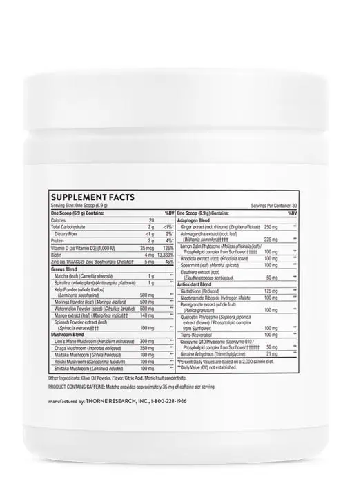 Thorne Daily Greens Plus - A comprehensive greens powder with adaptogens, mushrooms, and antioxidants.