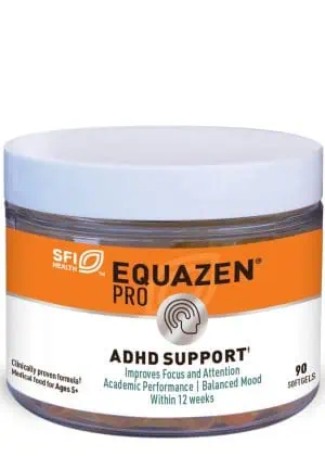 Equazen Pro - A medical food with a 9:3:1 ratio of EPA, DHA, and GLA to support focus and attention in individuals with ADHD.