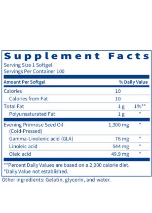 Evening Primrose Oil - Cold-pressed supplement with 76 mg of GLA for skin and joint support.
