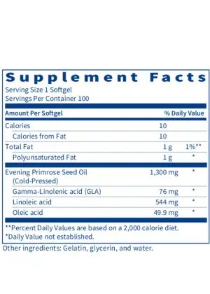 Evening Primrose Oil - Cold-pressed supplement with 76 mg of GLA for skin and joint support.
