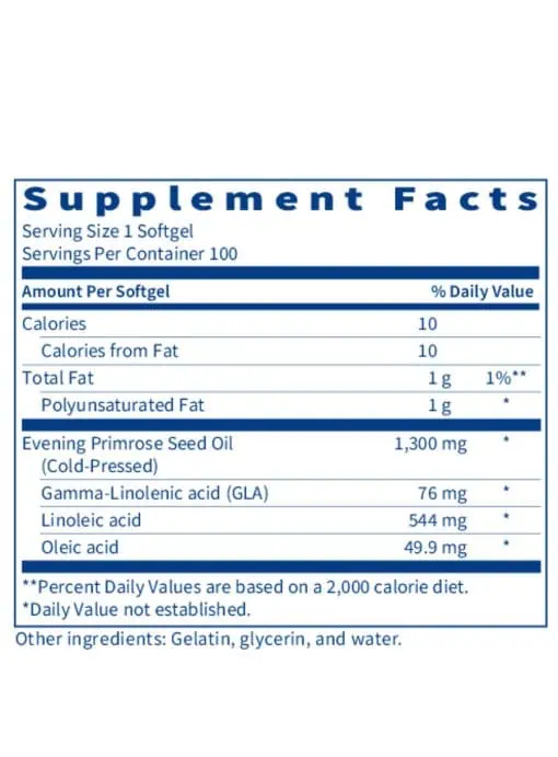 Evening Primrose Oil - Cold-pressed supplement with 76 mg of GLA for skin and joint support.