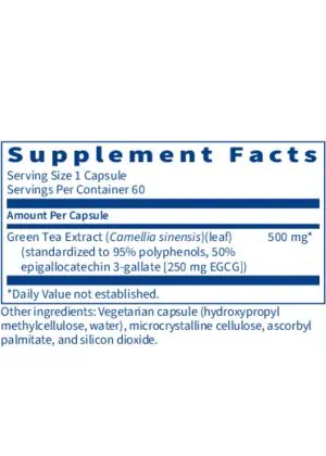 Green Tea Extract - 500mg extract standardized to 95% polyphenols and 250mg EGCG.