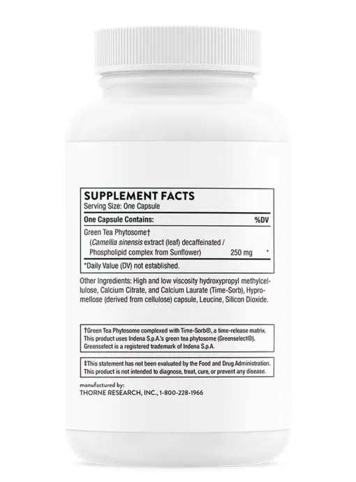 Thorne Green Tea Phytosome (60 Capsules) - decaffeinated EGCG supplement for metabolism and antioxidant support.