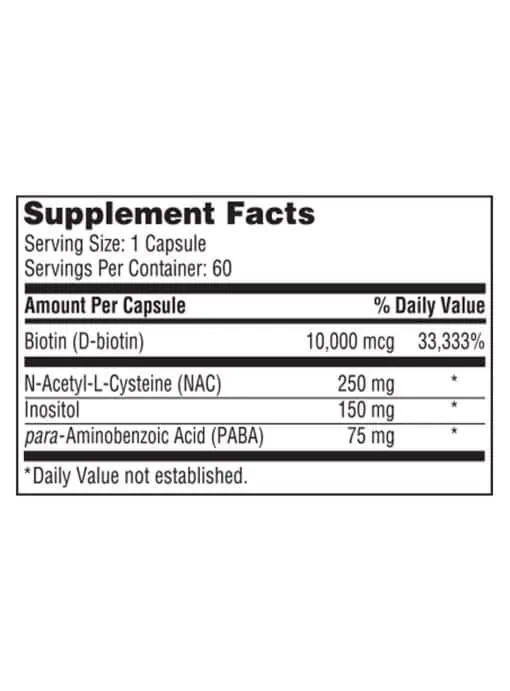 Hair and Nails Formula - A blend of Biotin, NAC, and Inositol to support the health and strength of hair and nails.