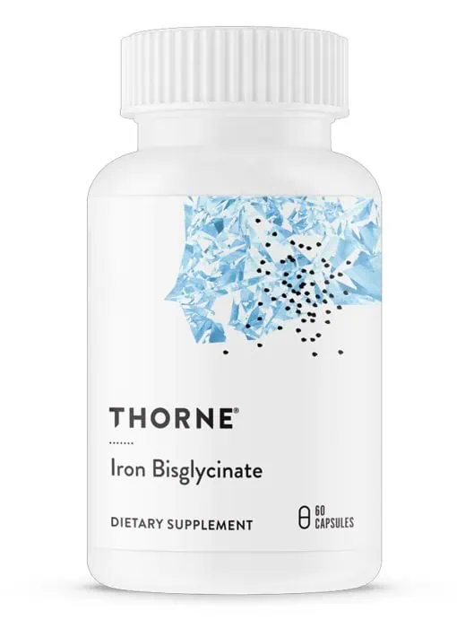 Thorne Iron Bisglycinate for red blood cell formation, energy, and iron deficiency support.