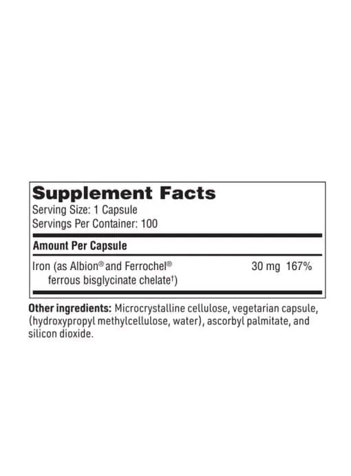 Iron Chelate - 30 mg of Ferrochel® chelated iron for a gentle, non-constipating supplement.