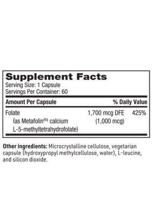 L-Methylfolate - 1,700 mcg DFE of bioactive Metafolin L-5-MTHF for methylation support.