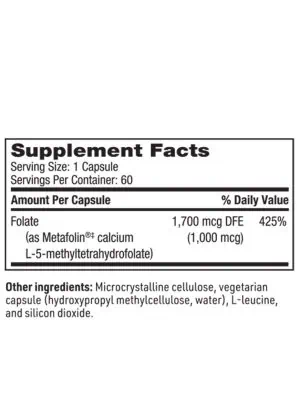 L-Methylfolate - 1,700 mcg DFE of bioactive Metafolin L-5-MTHF for methylation support.