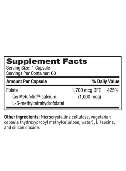 L-Methylfolate - 1,700 mcg DFE of bioactive Metafolin L-5-MTHF for methylation support.