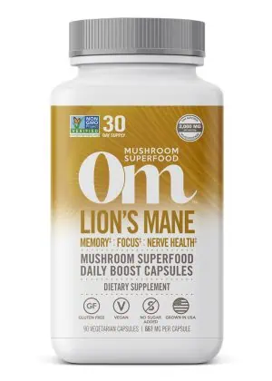 Om Organic Lion's Mane Mushroom Capsules - A superfood supplement for cognitive function and nerve support.