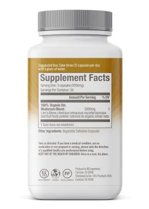 Om Organic Lion's Mane Mushroom Capsules - A superfood supplement for cognitive function and nerve support.