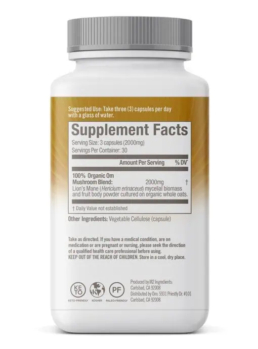 Om Organic Lion's Mane Mushroom Capsules - A superfood supplement for cognitive function and nerve support.