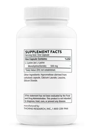 Thorne L-Lysine (60 Capsules) - 500mg essential amino acid supplement for immune, skin, and bone support.