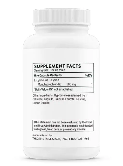 Thorne L-Lysine (60 Capsules) - 500mg essential amino acid supplement for immune, skin, and bone support.