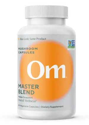 Om Mushroom Master Blend Capsules - 10-mushroom blend with KSM-66 Ashwagandha for stress and immune support.