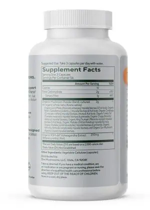 Om Mushroom Master Blend Capsules - 10-mushroom blend with KSM-66 Ashwagandha for stress and immune support.