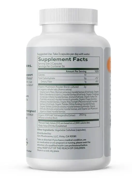 Om Mushroom Master Blend Capsules - 10-mushroom blend with KSM-66 Ashwagandha for stress and immune support.