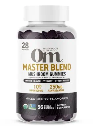 Om Master Blend Mushroom Gummies (Strawberry) - 10-mushroom blend gummies for immune and stress support.
