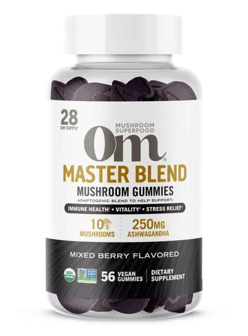 Om Master Blend Mushroom Gummies (Strawberry) - 10-mushroom blend gummies for immune and stress support.