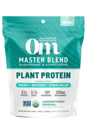 Om Master Blend Unsweetened Plant Protein Powder - 20g protein with 10-mushroom blend for recovery and immunity.