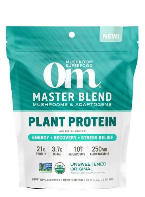 Om Master Blend Unsweetened Plant Protein Powder - 20g protein with 10-mushroom blend for recovery and immunity.
