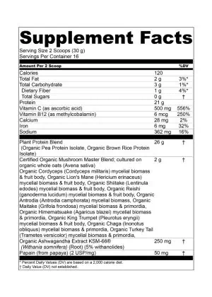 Om Master Blend Unsweetened Plant Protein Powder - 20g protein with 10-mushroom blend for recovery and immunity.