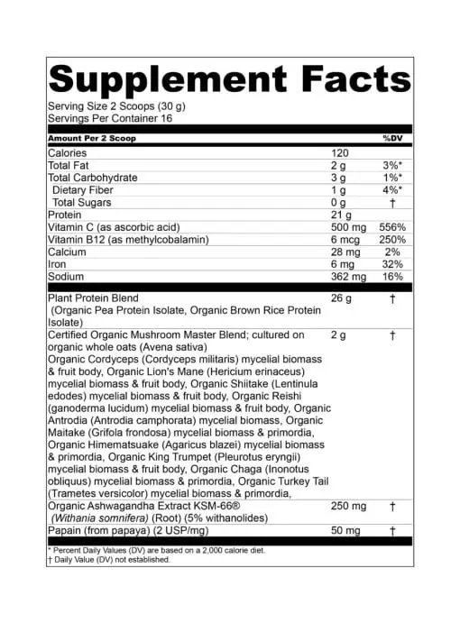 Om Master Blend Unsweetened Plant Protein Powder - 20g protein with 10-mushroom blend for recovery and immunity.