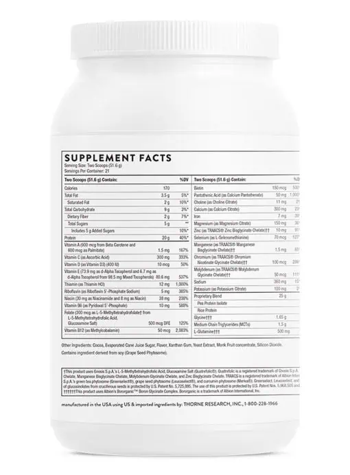 Thorne MediClear-SGS Chocolate - A pea and rice protein powder with a full multivitamin and detoxification support complex.