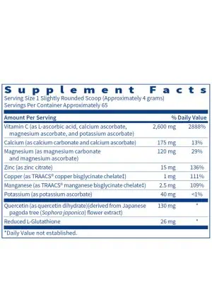 Multi-Element Buffered C Powder (250 g) - Buffered vitamin C with minerals, quercetin, and glutathione for gentle, broad-spectrum immune support.