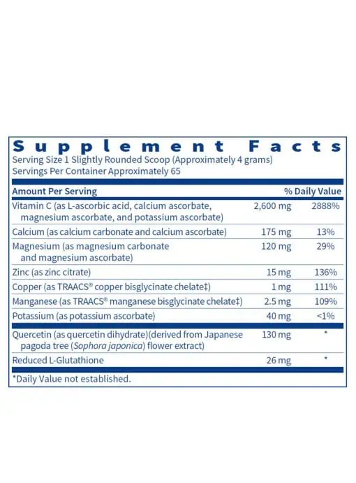 Multi-Element Buffered C Powder (250 g) - Buffered vitamin C with minerals, quercetin, and glutathione for gentle, broad-spectrum immune support.