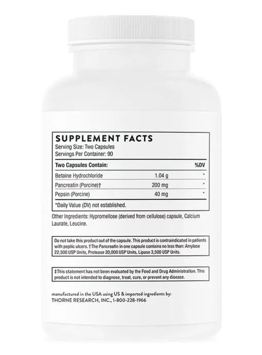 Thorne B.P.P. - A digestive enzyme formula with Betaine HCl, Pepsin, and Pancreatin for digestive support.