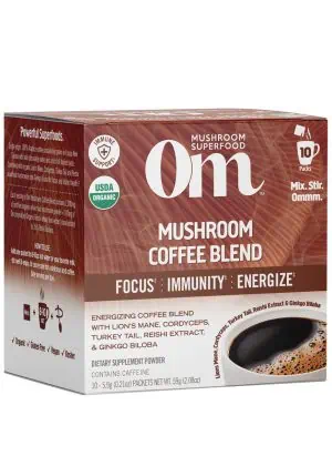 Om Mushroom Coffee Blend (10 Packets) - Organic Arabica coffee with Lion's Mane, Cordyceps, and Chaga for focus and energy.