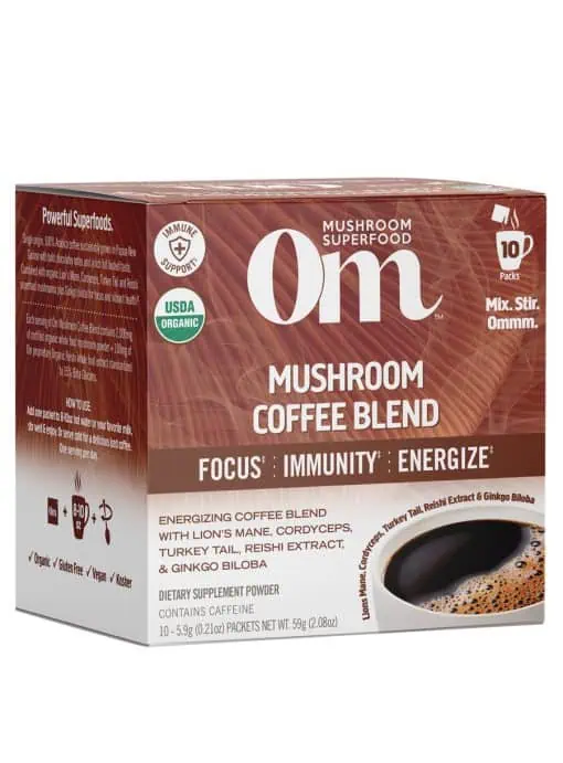 Om Mushroom Coffee Blend (10 Packets) - Organic Arabica coffee with Lion's Mane, Cordyceps, and Chaga for focus and energy.
