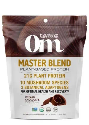 Om Mushroom Master Blend Protein - Organic chocolate plant-based protein with a 10-mushroom blend.