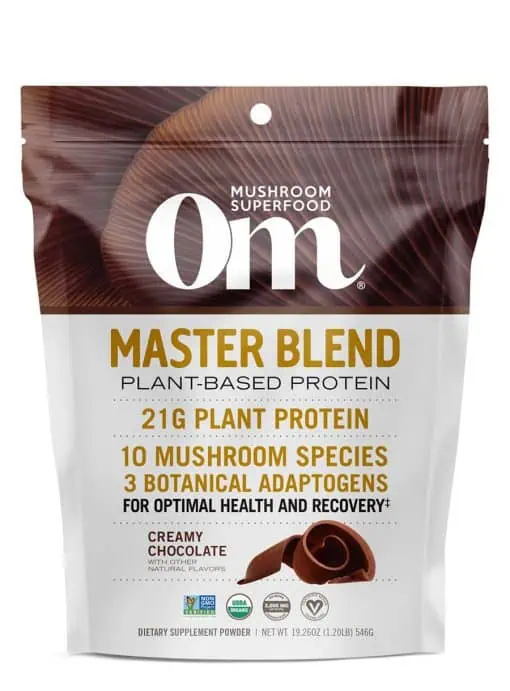 Om Mushroom Master Blend Protein - Organic chocolate plant-based protein with a 10-mushroom blend.