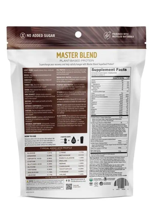 Om Mushroom Master Blend Protein - Organic chocolate plant-based protein with a 10-mushroom blend.