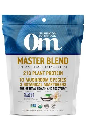 Om Mushroom Master Blend Protein - Organic vanilla plant-based protein with a 10-mushroom blend.