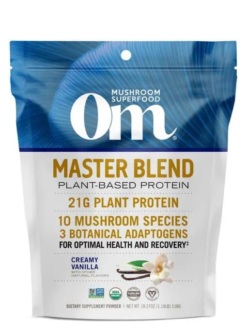 Om Mushroom Master Blend Protein - Organic vanilla plant-based protein with a 10-mushroom blend.