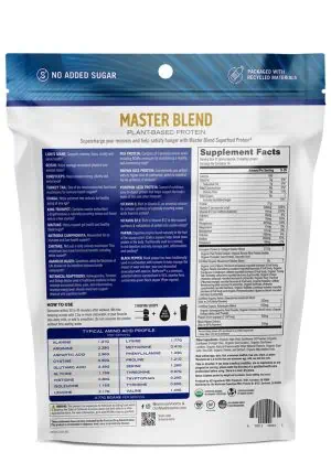 Om Mushroom Master Blend Protein - Organic vanilla plant-based protein with a 10-mushroom blend.